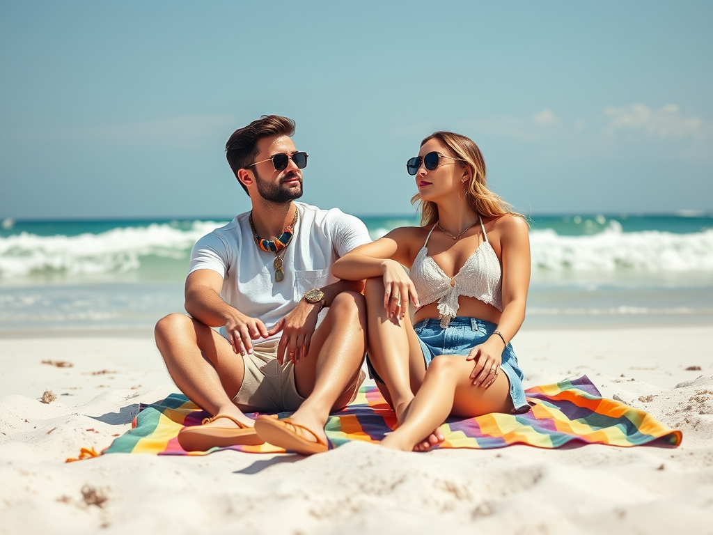 Para siedzi na plaży w słoneczny dzień, uśmiechając się do siebie, w tle fale i błękitne niebo.