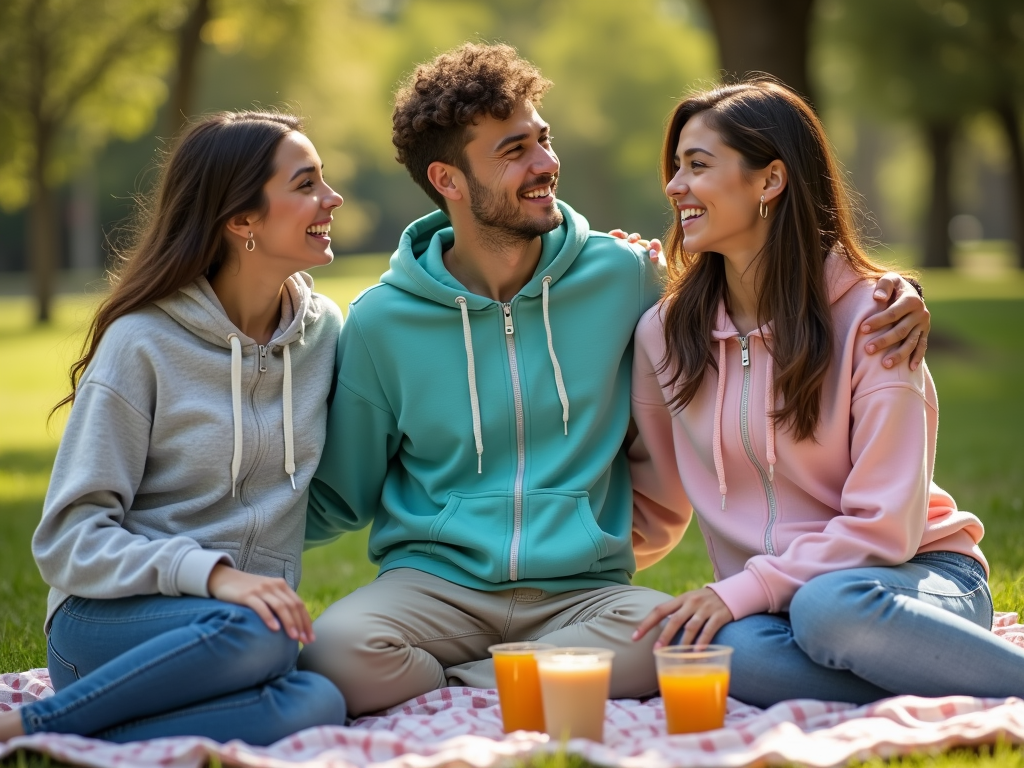 Trzy osoby na pikniku w parku, rozmawiają i śmieją się, siedząc na kocu.