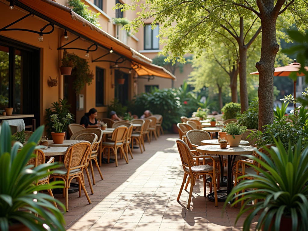 Urokliwe patio restauracji z wiklinowymi krzesłami i stołami, otoczone zielenią i drzewami.