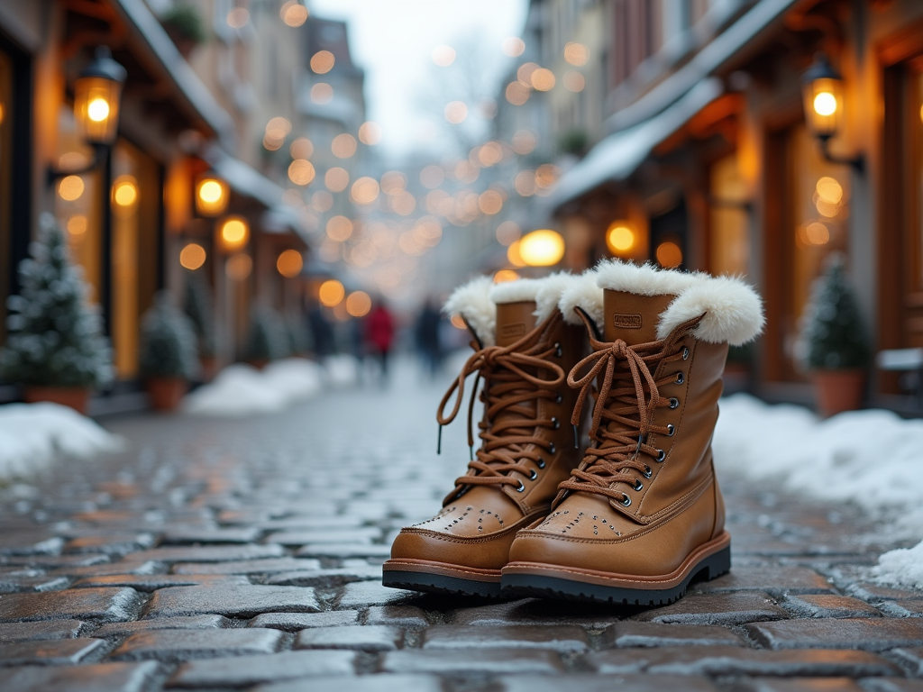 Zimowe buty na śnieżnej kamiennej ulicy z rozmytymi światłami i dekoracjami.