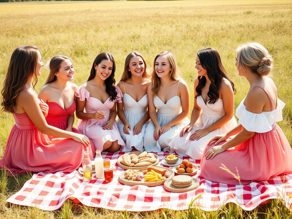 Grupa kobiet w pastelowych sukienkach cieszy się piknikiem na łące, otoczona jedzeniem i napojami.